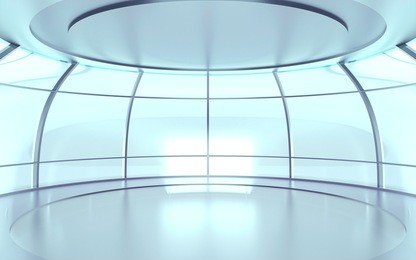 futuristic circular hall with glass walls and reflective surfaces