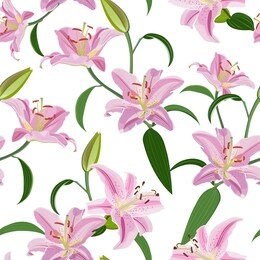 lily flower seamless pattern on white background, pink lily floral vector illustration