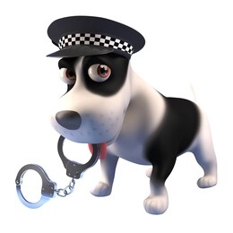 3d cartoon puppy dog dressed as a police dog holding a pair of handcuffs in its mouth, 3d illustration render