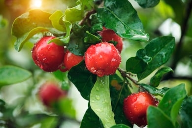 fresh organic acerola cherry.thai or acerola cherries fruit on the tree with water drop, high vitamin c and antioxidant fruits.             