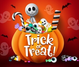 trick or treat vector design. trick or treat halloween pumpkin basket with sweets and scary candies like candy cane, marshmallow and lollipop elements in scary  bat and ghost red background.
