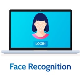 facial recognition system. biometric scanning female face on laptop, user authentication access technology. flat style modern colorful concept vector illustration isolated on white.