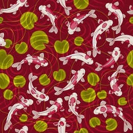 koi carps in a japanese pond. vector seamless japanese fish pattern on red background.