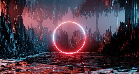 sci fi alien planet landscape futuristic rock surreal lighting star sky space travel glow ring red neon light 3d rendering