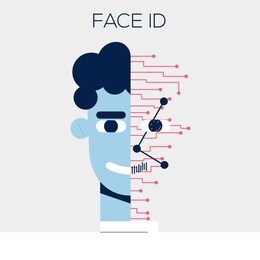 portrait of guy using face recognition system. concept of biometric authentication system using. flat vector illustration