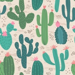 hand drawn cactus seamless pattern on a sand texture background. cute colorful cacti with flowers.