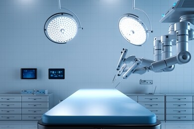 3d rendering surgery room with robotic surgery and empty bed