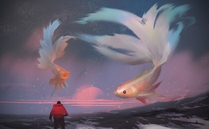 digital illustration painting design style a man standing on the snow mountain, against giant betta fishes flying in the sunset sky.