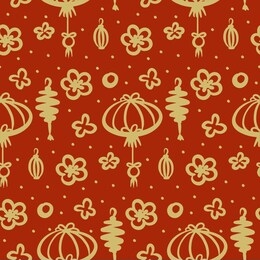 vector seamless pattern with hand drawn chinese decoration elements, golden on red background for chinese new year holiday party invitation, greeting card, paper or printing