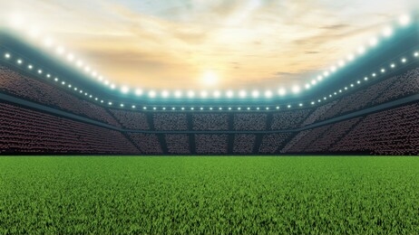 3d rendering of soccer sport stadium, green grass during sunset with crowd of audience and bright led spot lights and white clouds