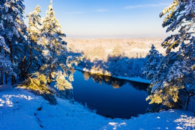 trees reflect in river on winter day, beautiful landscape. morning scenery. new year concept