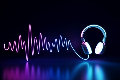 glowing headphone neon on dark background. 3d rendering