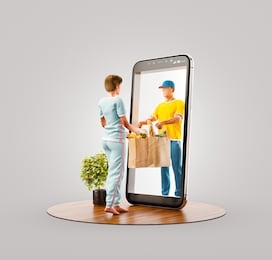 unusual 3d illustration of a young woman receiving order from courier. food delivery service smart phone application. smartphone apps concept.