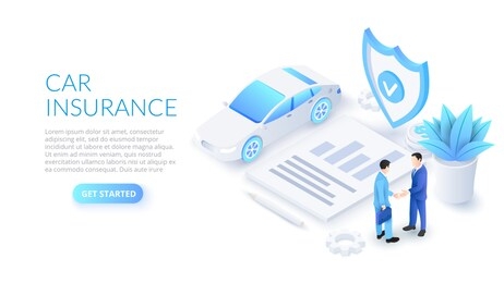 car insurance design concept with car, shield and contract. isometric vector illustration. landing page template for web.