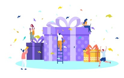 online reward , group of happy people receive a gift box vector illustration concept,  digital referral program, can use for, landing page, template, ui, web, homepage, poster, banner, flyer, coupon