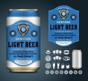 vector light beer label. realistic aluminium can mockup. brewing company branding and identity icons, badges, insignia and design elements