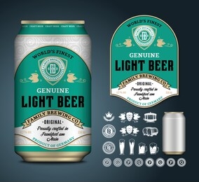 vector light beer label. realistic aluminium can mockup. brewing company branding and identity icons, badges, insignia and design elements