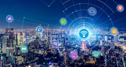 smart city and communication network concept. 5g. lpwa (low power wide area). wireless communication.