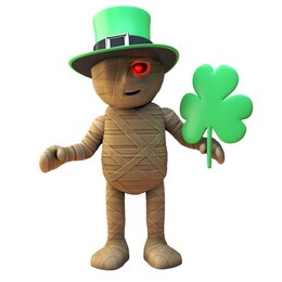 cartoon 3d halloween egyptian mummy monster holding a shamrock for irish st patricks day, 3d illustration render