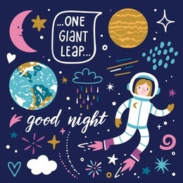 vector space set with astronaut, planets, moon, stars, aperkles and text "one giant leap" and "good night". cute hand drawing scrapbooking set with cartoon character.