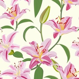 lily flower seamless pattern on white background, pink lily floral vector illustration