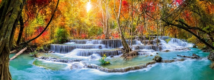 colorful majestic waterfall in national park forest during autumn, panorama - image