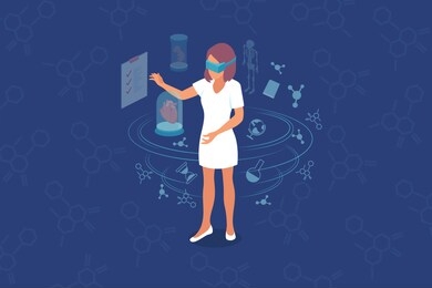 virtual reality use in visual education design concept with girl in vr glasses surrounded by science signs isometric vector illustration