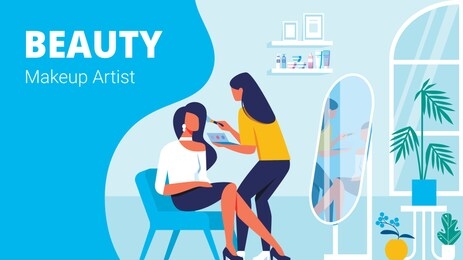 makeup artist and client in beauty salon. stylish women in beauty salon. makeup artist with cosmetics. beauty training for women. vector illustration 