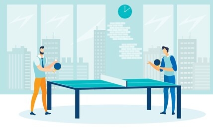 friends playing ping pong flat vector illustration. young men holding rackets cartoon characters.
