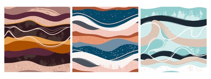 set of three hand drawn abstract contemporary seamless patterns. smooth lines. stone texture. modern trendy colorful illustration in vector. marbleized effect. every pattern is isolated
