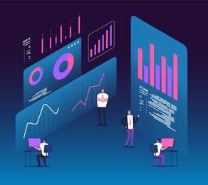 investment strategy isometric concept. people with analytics data diagrams. digital business technology marketing 3d design