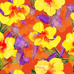 bright floral print on an orange background, watercolor strokes, large flower buds, a seamless pattern of yellow tropical hibiscus and purple irises.