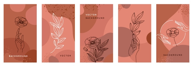 vector set of abstract creative backgrounds in minimal trendy style with hands and leaves in line style with copy space for text - design templates for social media stories and bloggers - simple, styl