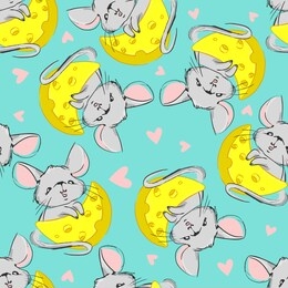 hand drawn cute mouse with cheese pattern seamless. vector illustration.