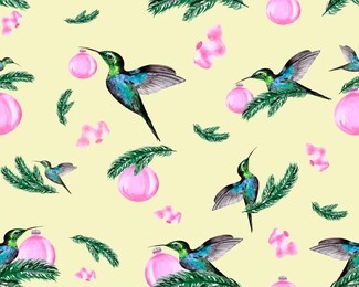 christmas background with christmas tree branches, toys and hummingbirds. festive illustration for gift wrapping, textiles or wallpaper.
