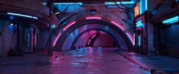 photorealistic 3d illustration of the futuristic city in the style of cyberpunk. empty street with neon lights. beautiful night cityscape. grunge urban landscape.