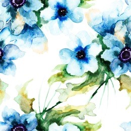 seamless wallpaper with summer blue flowers, watercolor illustration 