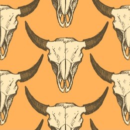 bison skull, vector seamless pattern in sketch style