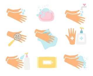hand hygiene. hands washing illustration, infected, water washed and hygienic clean flat hands isolated on white background