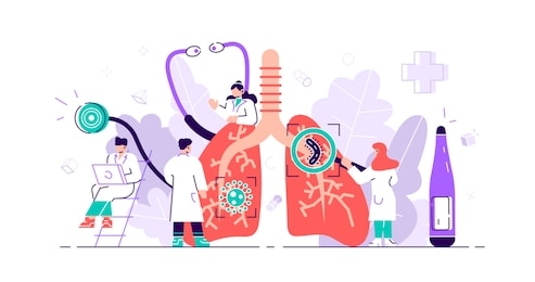 pulmonology concept. lungs healthcare persons. internal organ inspection check for illness, disease or problems. abstract respiratory system examination and treatment. flat tiny vector illustration