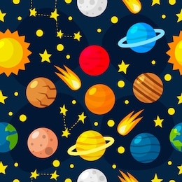 childish seamless pattern - cosmos, stars, planets and comets. space theme. cartoon style vector illustration for nursery. solar system.