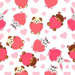 childish seamless pattern - funny kawaii animals with hearts. cartoon cat, dog, bear and rabbit. valentines day.