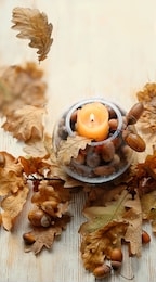 abstract defocused autumn composition. candle latern and autumnal oak leaves. shallow depth. close up