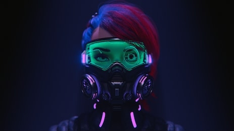 3d illustration of a front view of a cyberpunk girl in futuristic gas mask with protective green glasses and filters in stylish jacket with purple el wire standing in a night scene with air pollution.