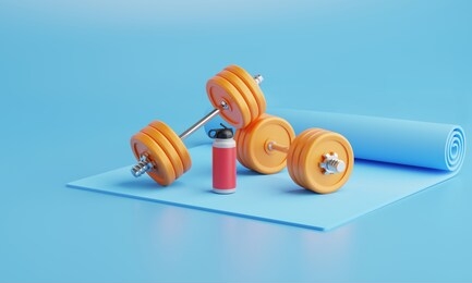 3d rendering exercise mat with weights and watter bottle fitness. equipment on color  background.