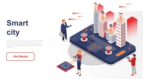 isometric landing page smart city or intelligent flat concept. building automation with computer networking for website or homepage. isometric vector illustration template.