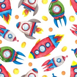 seamless pattern with watercolor hand draw space rocket, asteroid, comet, star and planet, isolated on white background
