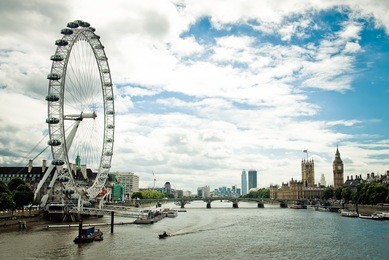 london afternoon. london eye, county hall, westminster bridge, big ben and houses of parliament.