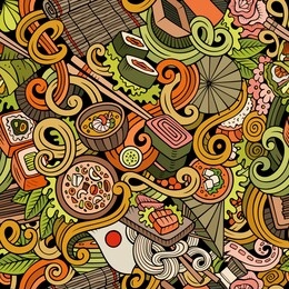 cartoon cute doodles hand drawn japan food seamless pattern. colorful detailed, with lots of objects background. endless funny illustration.