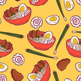 ramen soup with noodles, pork meat, green onions, enoki mushrooms, boiled egg and narutomaki in a red bowl. traditional japanese, korean and chinese fast food. vintage retro style. seamless background